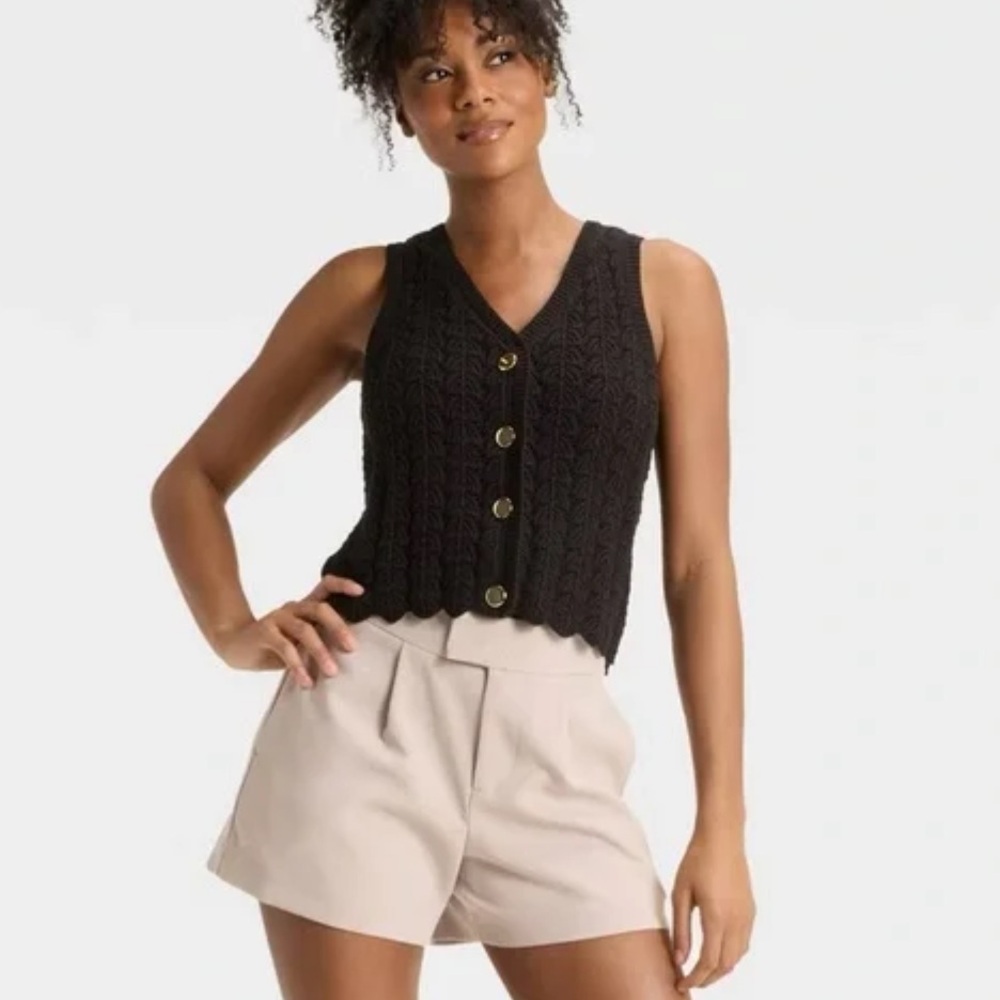 A New Day Women's Pointelle Knit Crochet Lady Vest Black NWT Size Medium